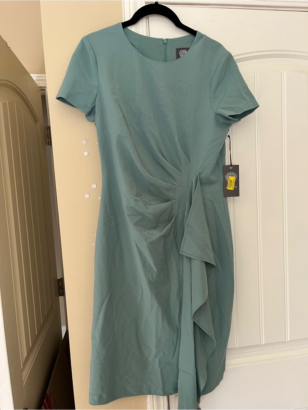 Vince Camuto Seafoam Sage Green Midi Sheath Dress with Draped Detail NWT 8